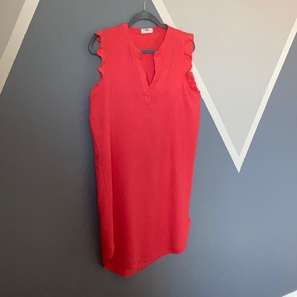 Sleeveless Red V-Neck Ruffle-Trim Midi Dress